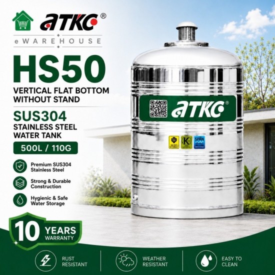 ATKC HS50 Vertical Flat Bottom Without Stand SUS304 Stainless Steel Water Tank 500L/110G ATKC HS50 Vertical Flat Bottom Without Stand SUS304 Stainless Steel Water Tank 500L/110G