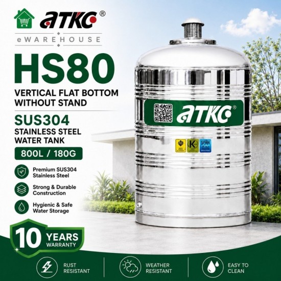 ATKC HS80 Vertical Flat Bottom Without Stand SUS304 Stainless Steel Water Tank 800L/180G ATKC HS80 Vertical Flat Bottom Without Stand SUS304 Stainless Steel Water Tank 800L/180G
