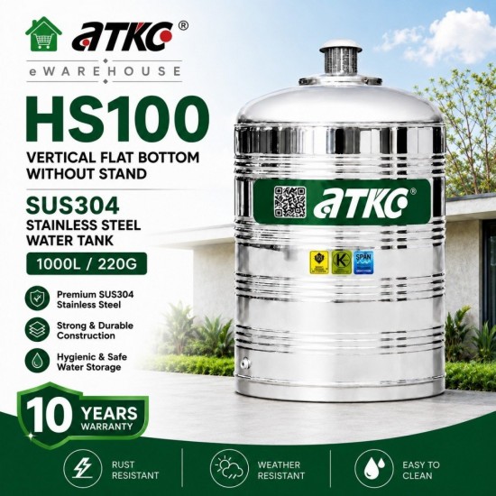 ATKC HS100 Vertical Flat Bottom Without Stand SUS304 Stainless Steel Water Tank 1000L/220G ATKC HS100 Vertical Flat Bottom Without Stand SUS304 Stainless Steel Water Tank 1000L/220G