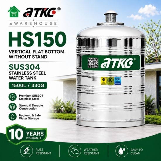 ATKC HS150 Vertical Flat Bottom Without Stand SUS304 Stainless Steel Water Tank 1500L/330G ATKC HS150 Vertical Flat Bottom Without Stand SUS304 Stainless Steel Water Tank 1500L/330G