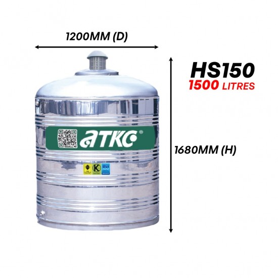 ATKC HS150 Vertical Flat Bottom Without Stand SUS304 Stainless Steel Water Tank 1500L/330G ATKC HS150 Vertical Flat Bottom Without Stand SUS304 Stainless Steel Water Tank 1500L/330G