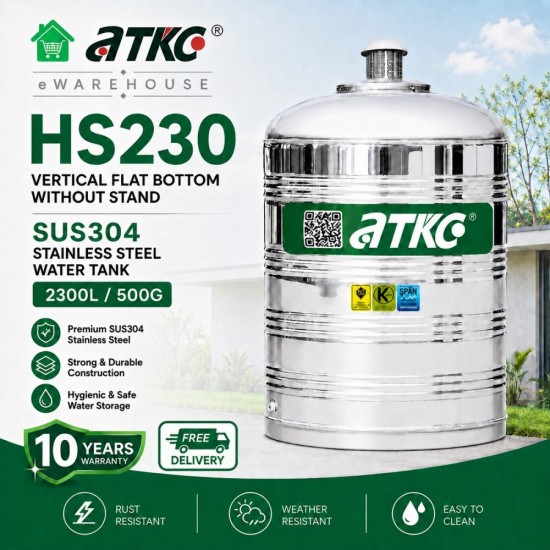 ATKC HS230 Vertical Flat Bottom Without Stand SUS304 Stainless Steel Water Tank 2300L/500G ATKC HS230 Vertical Flat Bottom Without Stand SUS304 Stainless Steel Water Tank 2300L/500G