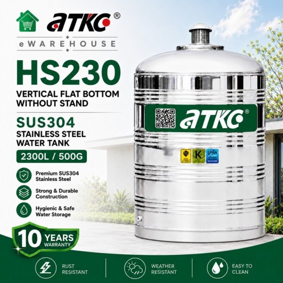 ATKC HS230 Vertical Flat Bottom Without Stand SUS304 Stainless Steel Water Tank 2300L/500G ATKC HS230 Vertical Flat Bottom Without Stand SUS304 Stainless Steel Water Tank 2300L/500G