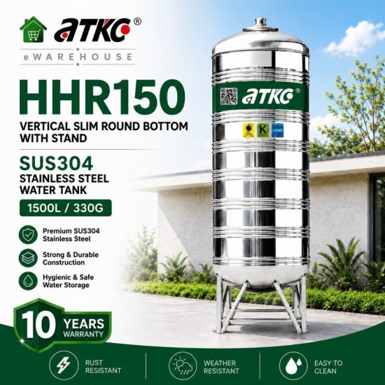ATKC HHR150 Vertical Round Bottom With Stand SUS304 Stainless Steel Water Tank 1500L/330G ATKC HHR150 Vertical Round Bottom With Stand SUS304 Stainless Steel Water Tank 1500L/330G