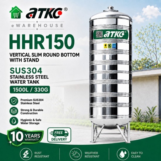 ATKC HHR150 Vertical Round Bottom With Stand SUS304 Stainless Steel Water Tank 1500L/330G ATKC HHR150 Vertical Round Bottom With Stand SUS304 Stainless Steel Water Tank 1500L/330G