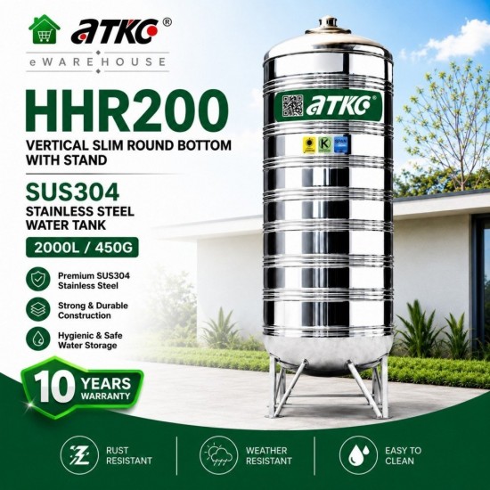 ATKC HHR200 Vertical Round Bottom With Stand SUS304 Stainless Steel Water Tank 2000L/450G ATKC HHR200 Vertical Round Bottom With Stand SUS304 Stainless Steel Water Tank 2000L/450G