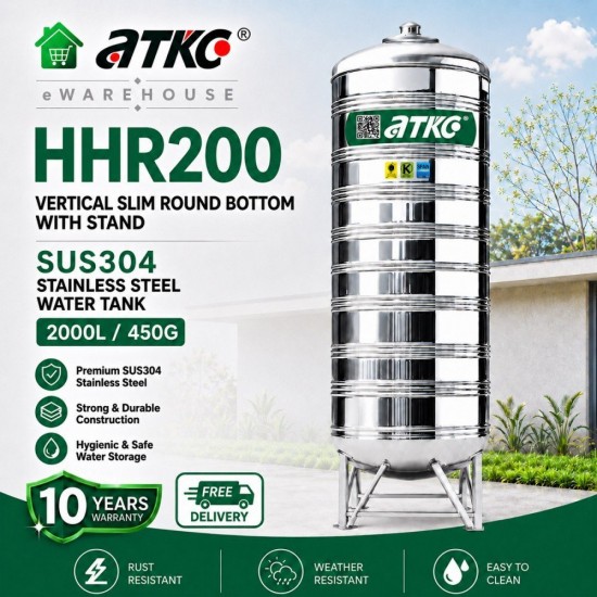 ATKC HHR200 Vertical Round Bottom With Stand SUS304 Stainless Steel Water Tank 2000L/450G ATKC HHR200 Vertical Round Bottom With Stand SUS304 Stainless Steel Water Tank 2000L/450G