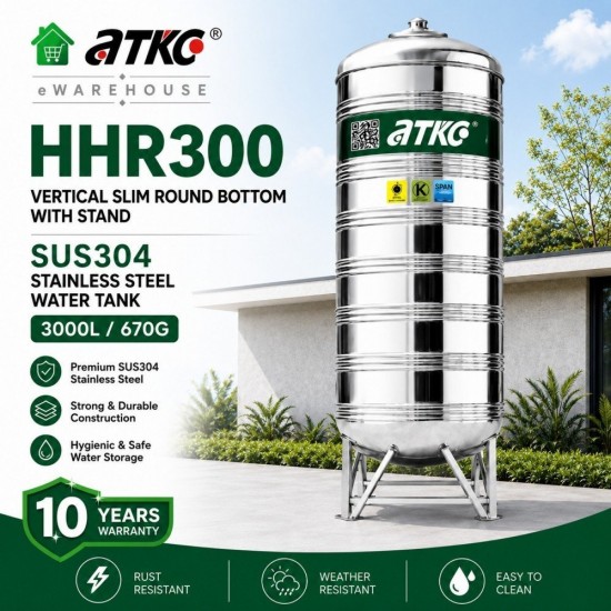 ATKC HHR300 Vertical Round Bottom With Stand SUS304 Stainless Steel Water Tank 3000L/670G ATKC HHR300 Vertical Round Bottom With Stand SUS304 Stainless Steel Water Tank 3000L/670G