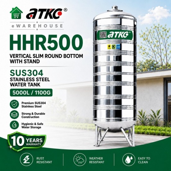 ATKC HHR500 Vertical Round Bottom With Stand SUS304 Stainless Steel Water Tank 5000L/1100G ATKC HHR500 Vertical Round Bottom With Stand SUS304 Stainless Steel Water Tank 5000L/1100G