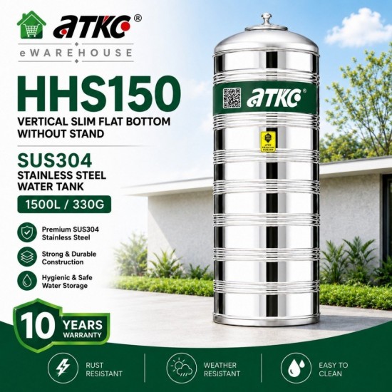 ATKC HHS150 Vertical Flat Bottom Without Stand SUS304 Stainless Steel Water Tank 1500L/330G