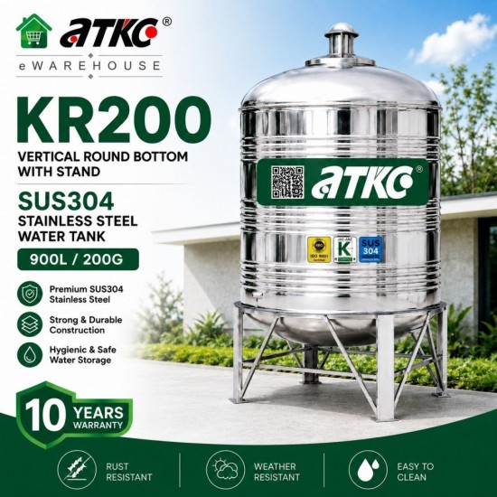 ATKC KR200 Vertical Round Bottom With Stand SUS304 Stainless Steel Water Tank 900L/200G ATKC KR200 Vertical Round Bottom With Stand SUS304 Stainless Steel Water Tank 900L/200G