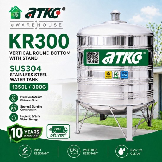 ATKC KR300 Vertical Round Bottom With Stand SUS304 Stainless Steel Water Tank 1350L/300G ATKC KR300 Vertical Round Bottom With Stand SUS304 Stainless Steel Water Tank 1350L/300G