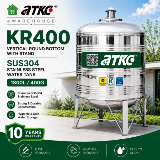 ATKC KR400 Vertical Round Bottom with Stand SUS304 Stainless Steel Water Tank 1800L/400G ATKC KR400 Vertical Round Bottom with Stand SUS304 Stainless Steel Water Tank 1800L/400G