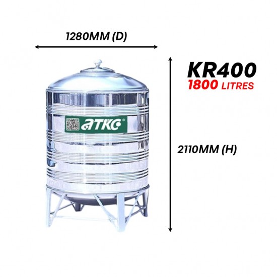 ATKC KR400 Vertical Round Bottom with Stand SUS304 Stainless Steel Water Tank 1800L/400G ATKC KR400 Vertical Round Bottom with Stand SUS304 Stainless Steel Water Tank 1800L/400G