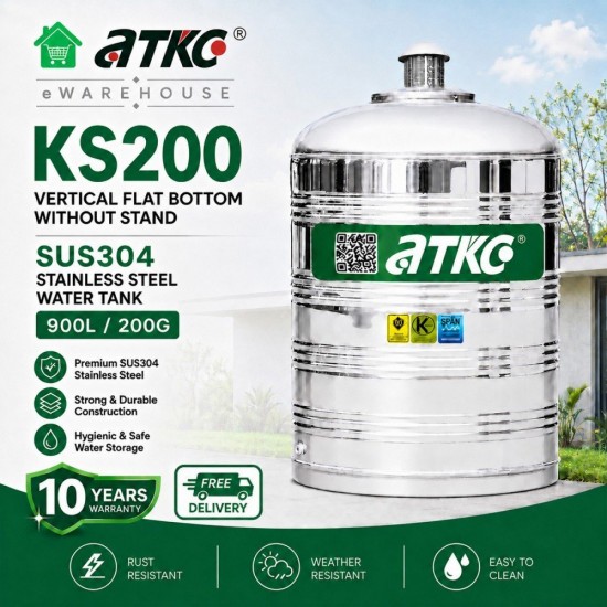ATKC KS200 Vertical Flat Bottom Without Stand SUS304 Stainless Steel Water Tank 900L/200G ATKC KS200 Vertical Flat Bottom Without Stand SUS304 Stainless Steel Water Tank 900L/200G