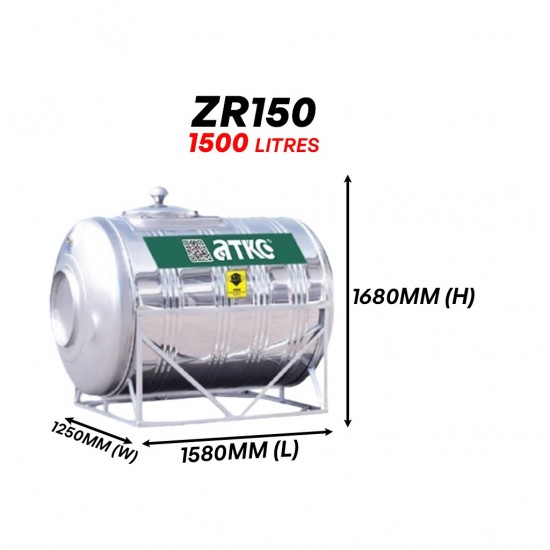 ATKC ZR150 Horizontal With Stand SUS304 Stainless Steel Water Tank 1500L/330G ATKC ZR150 Horizontal With Stand SUS304 Stainless Steel Water Tank 1500L/330G