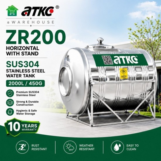ATKC ZR200 Horizontal With Stand SUS304 Stainless Steel Water Tank 2000L/450G ATKC ZR200 Horizontal With Stand SUS304 Stainless Steel Water Tank 2000L/450G