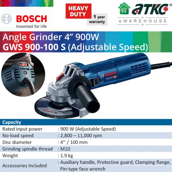 BOSCH GWS 900-100S Angle Grinder Professional 4" 900W with Adjustable Speed (06013961L0)