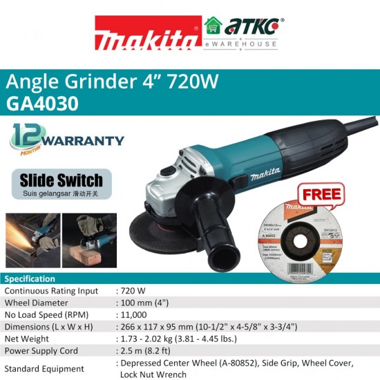 Makita GA4030 Angle Grinder 4" 100MM 720W Makita GA4030 Angle Grinder 4" 100MM 720W