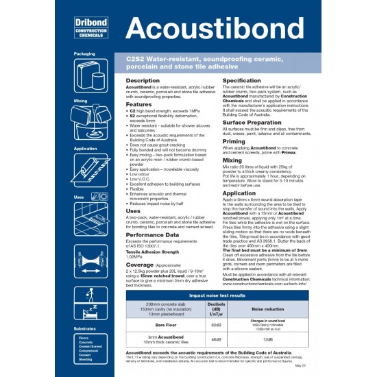 Dribond Acoustibond C2S2 Water-Resistant, Soundproofing Ceramic, Porcelain & Stone Tile Adhesive 2 x 12.5KG (Powder) + 20L (Liquid) 