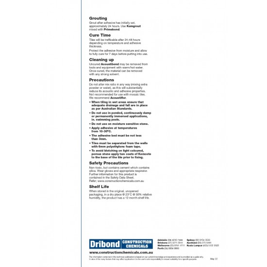 Dribond Acoustibond C2S2 Water-Resistant, Soundproofing Ceramic, Porcelain & Stone Tile Adhesive 2 x 12.5KG (Powder) + 20L (Liquid) 