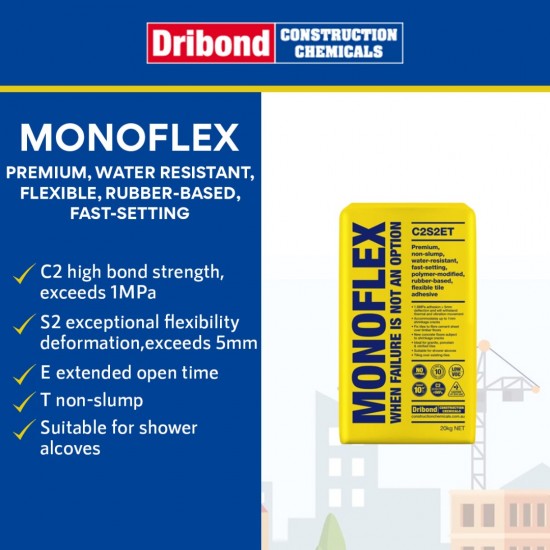 Dribond Monoflex Premium Non-Slump, Water Resistant, Fast Setting, Polymer Modified, Rubber Based Flexible Tile Adhesive 20KG
