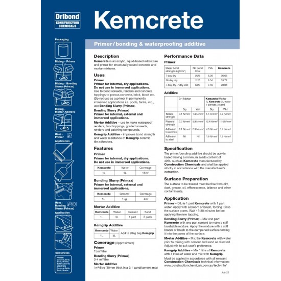 Dribond Kemcrete Primer/Bonding & Waterproofing Additive 20L (Liquid)