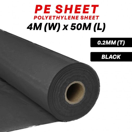 Polyethylene Membrane Plastic Sheet 0.2MM (T) x 4M (W) x 50M (L) (~33.5KG) - Black