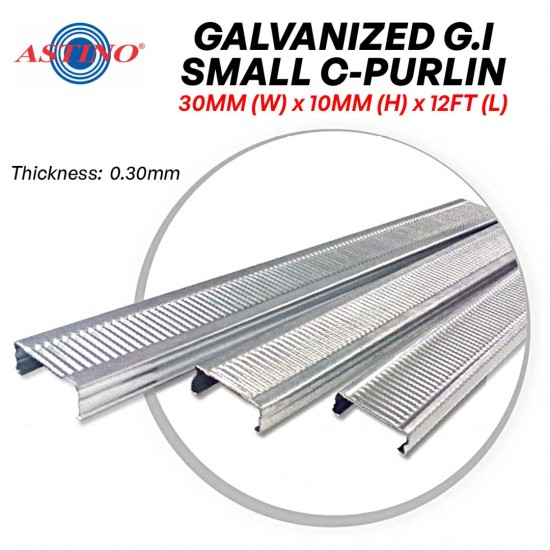 Astino Galvanized G.I Small C-Purlin For Plaster Ceiling Works 30MM (W) x 10MM (H) x 0.30MM (T) x 3657.6MM 12' (L) Astino Galvanized G.I Small C-Purlin For Plaster Ceiling Works 30MM (W) x 10MM (H) x 0.30MM (T) x 3657.6MM 12' (L)