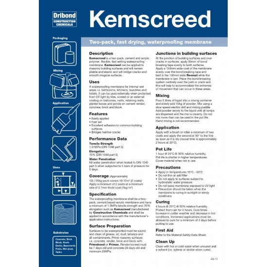 Dribond Kemscreed Two-pack, Fast Drying, Waterproofing Membrane 10L (Liquid) + 20KG (Powder)