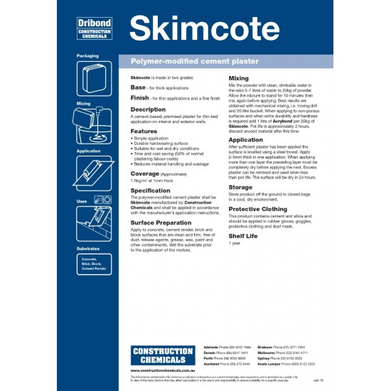 Dribond Skimcote Polymer Modified Cement Plaster 20KG (Base Grey/Base White/Finish Grey/Finish White)