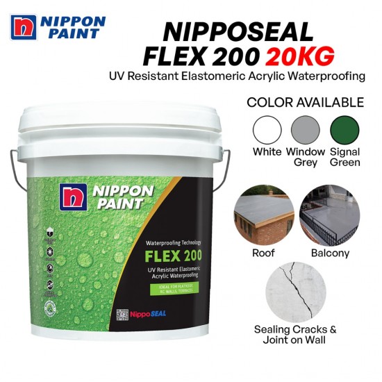 Nippon Paint Nipposeal Flex 200 UV Resistant Elastomeric Acrylic Waterproofing 20KG - Green / Grey / White Nippon Paint Nipposeal Flex 200 UV Resistant Elastomeric Acrylic Waterproofing 20KG - Green / Grey / White