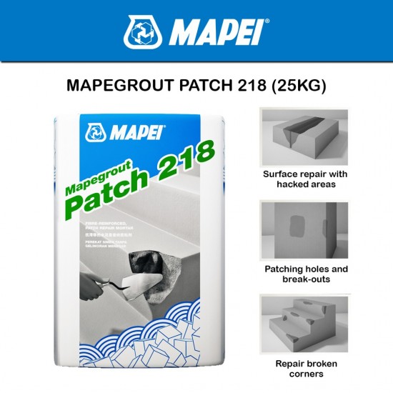 Mapei Mapegrout Patch 218 General Purpose, Shrinkage-controlled, Fibre-reinforced, Patch Repair Mortar 25KG (Grey)