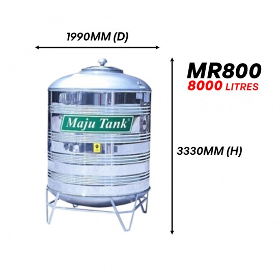 Maju Tank MR800 Vertical Round Bottom With "V" Stand Stainless Steel Water Tank 8000L/1750G Maju Tank MR800 Vertical Round Bottom With "V" Stand Stainless Steel Water Tank 8000L/1750G