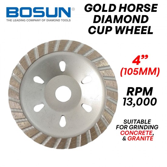 Bosun Gold Horse CNB04006YK Diamond Cup Wheel 4" 105MM (D) x 4MM (T) x 16MM (BD) Bosun Gold Horse CNB04006YK Diamond Cup Wheel 4" 105MM (D) x 4MM (T) x 16MM (BD)