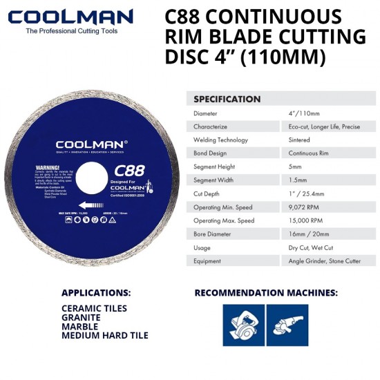 Coolman C88 6035 Continuous Rim Blade Cutting Disc 4" 110MM (DIA) x 5.5MM (T) x 20MM (BD)