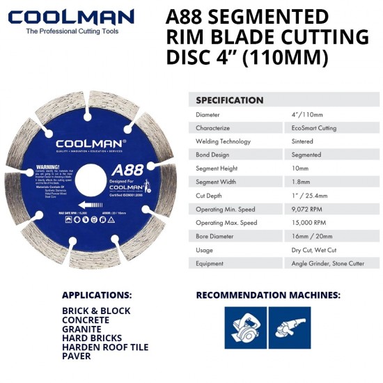Coolman A88 5027 Segmented Blade Cutting Disc 4" 110MM (DIA) x 10MM (T) x 20MM (BD)