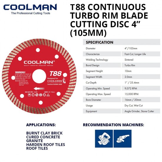 Coolman T88 7801 Continuous Turbo Rim Blade Cutting Disc 4" 105MM (DIA) x 5.5MM (T) x 20MM (BD)