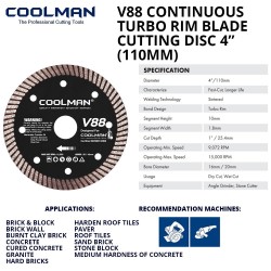 Coolman V88 Continuous Turbo Blade Cutting Disc 4" 110MM (DIA) x 10MM (T) x 20MM (BD)