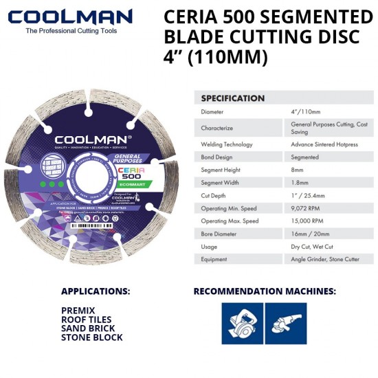 Coolman Ceria 500 Dry Segmented Blade Cutting Disc 4" 110MM (DIA) x 8MM (T) x 20MM (BD)