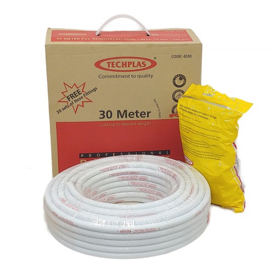 Techplas PVC Reinforced Hose 10MM (D) x 30M (L) C/W FREE 20 Sets of Hose Fittings Techplas PVC Reinforced Hose 10MM (D) x 30M (L) C/W FREE 20 Sets of Hose Fittings