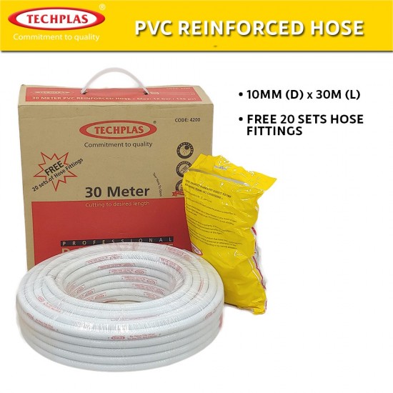 Techplas PVC Reinforced Hose 10MM (D) x 30M (L) C/W FREE 20 Sets of Hose Fittings Techplas PVC Reinforced Hose 10MM (D) x 30M (L) C/W FREE 20 Sets of Hose Fittings
