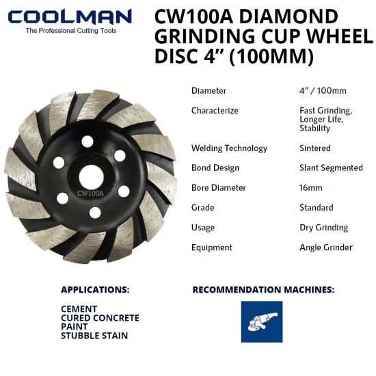 Coolman CW100A Diamond Grinding Cup Wheel 4" 100MM (DIA) x 10MM (T) x 20MM (BD)