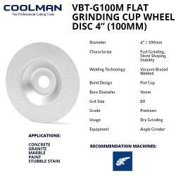Coolman VBT-G100M Flat Grinding Cup Wheel 4" 100MM (DIA) x 10MM (T) x 20MM (BD)