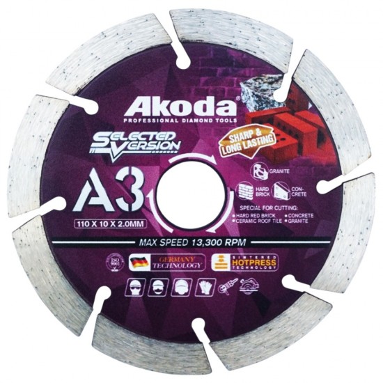 Akoda AS04-S108P (A3) Diamond Blade Cutting Disc 4" 110MM (D) x 2.0MM (T) x 20MM (BD) Hard Brick Long Life Akoda AS04-S108P (A3) Diamond Blade Cutting Disc 4" 110MM (D) x 2.0MM (T) x 20MM (BD) Hard Brick Long Life