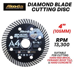 Akoda AS04-T105B (A4) Diamond Blade Turbo Cutting Disc 4" 105MM (D) x 2.0MM (T) x 20MM (BD) Super Hard Concrete Sharp