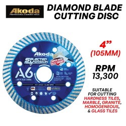 Akoda AS04-TT105LB (A6) Diamond Blade Thin Turbo Cutting Disc 4" 105MM (D) x 1.4MM (T) x 20MM (BD)