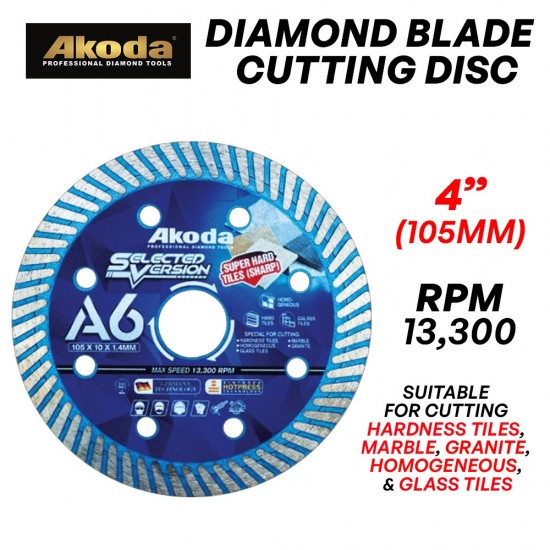 Akoda AS04-TT105LB (A6) Diamond Blade Thin Turbo Cutting Disc 4" 105MM (D) x 1.4MM (T) x 20MM (BD) Akoda AS04-TT105LB (A6) Diamond Blade Thin Turbo Cutting Disc 4" 105MM (D) x 1.4MM (T) x 20MM (BD)