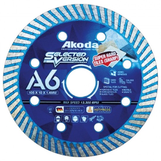 Akoda AS04-TT105LB (A6) Diamond Blade Thin Turbo Cutting Disc 4" 105MM (D) x 1.4MM (T) x 20MM (BD) Akoda AS04-TT105LB (A6) Diamond Blade Thin Turbo Cutting Disc 4" 105MM (D) x 1.4MM (T) x 20MM (BD)