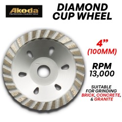 Akoda AS04-CW100GY Diamond Cup Wheel 4" 100MM (D) x 20MM (BD) (Grey)